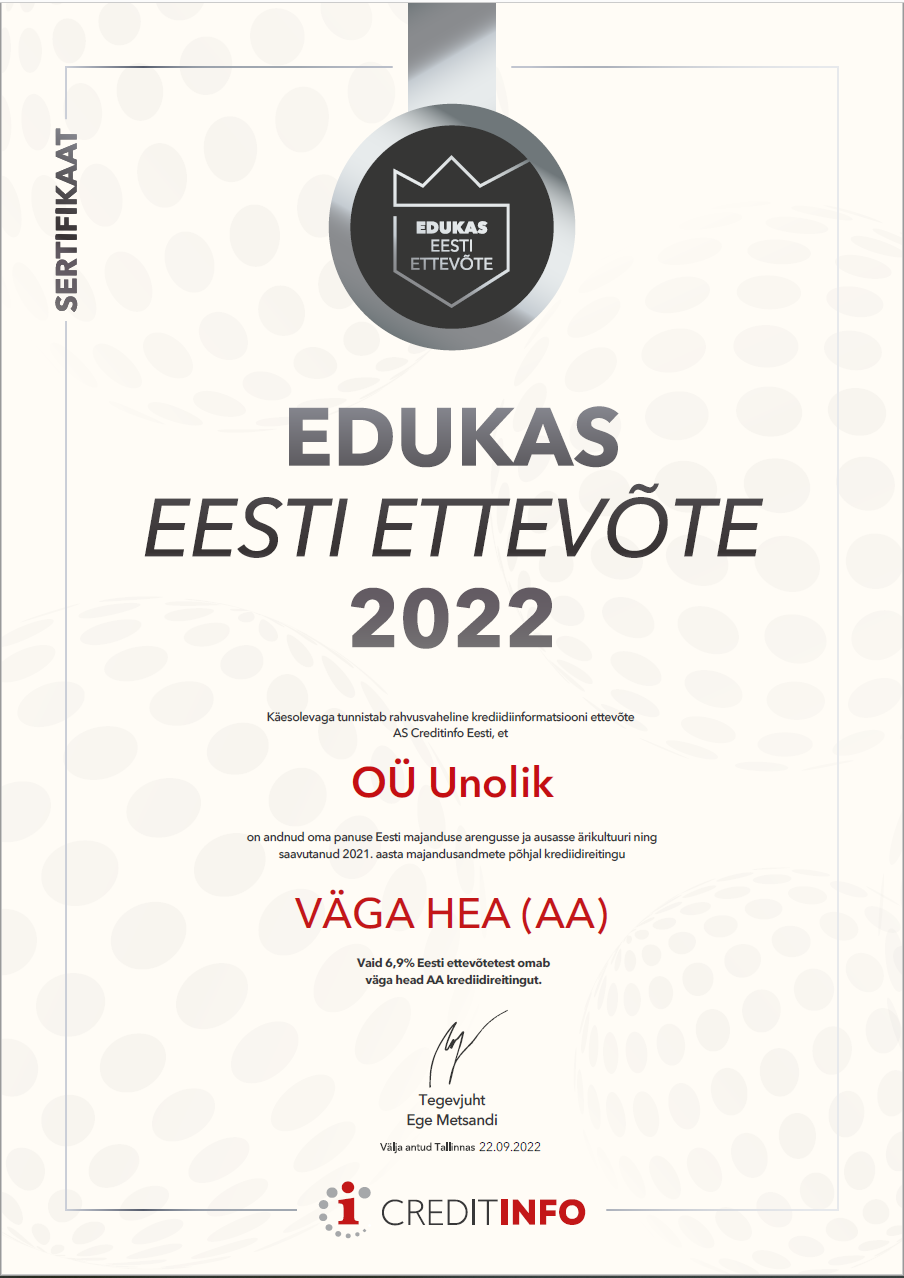 Unolik pälvis tunnistuse "Edukas Eesti Ettevõte 2022"